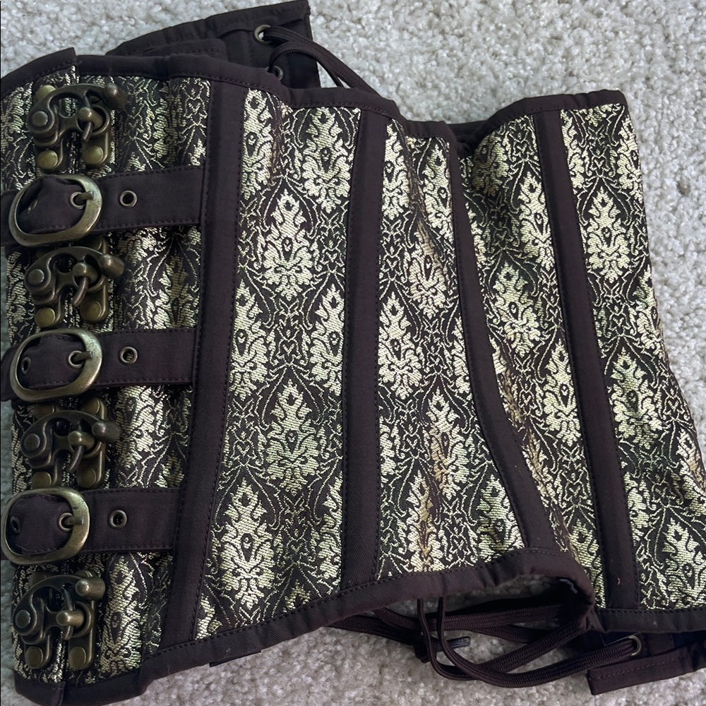 Steampunk Gothic Brown and Gold Under-bust Brocade Corset Top, NWOT, size 30 - Picture 8 of 11